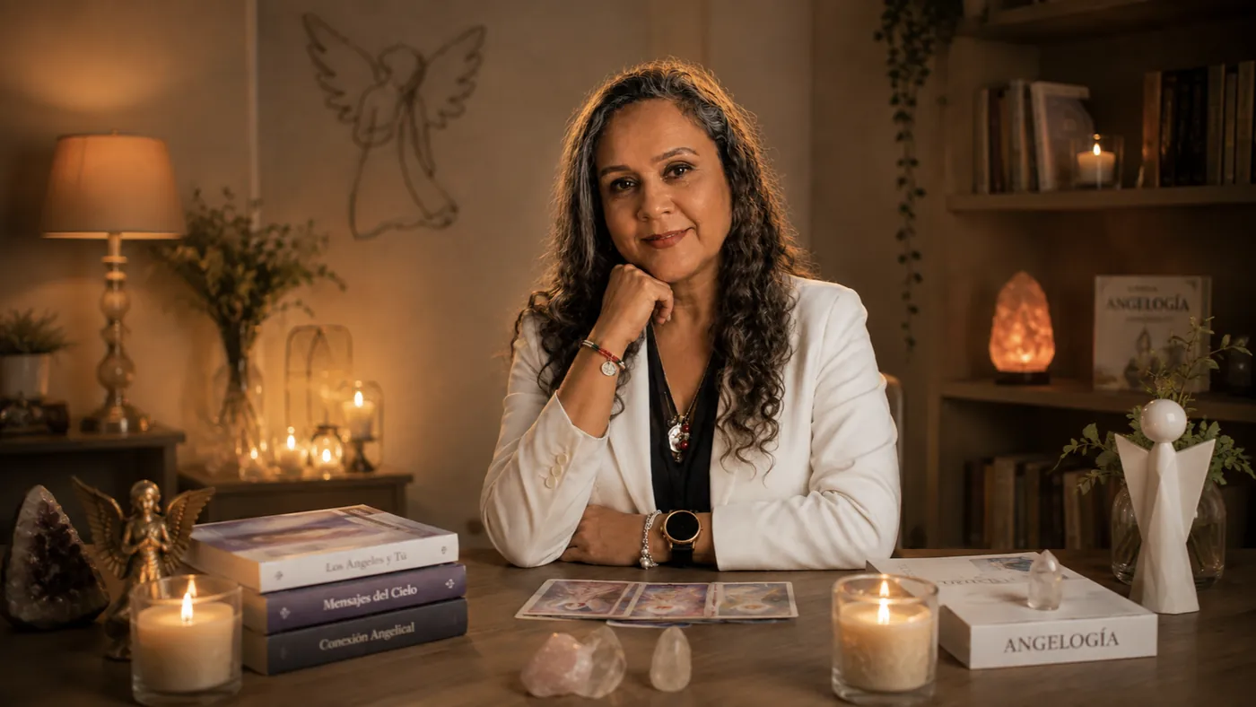 Eli Ángeles en su espacio de trabajo, rodeada de libros de angelología, cartas y velas
